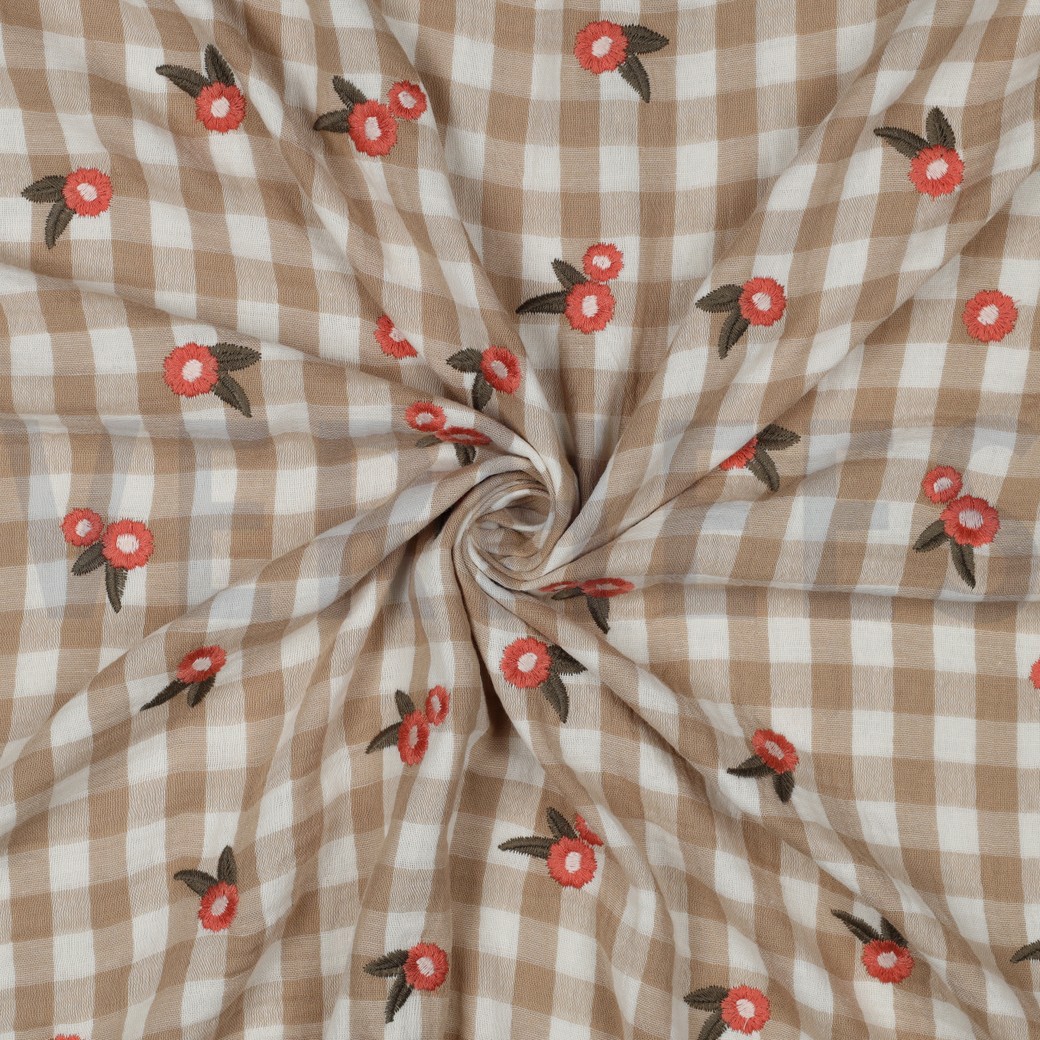 DOUBLE GAUZE CHECKS EMBROIDERY FLOWERS BEIGE #7