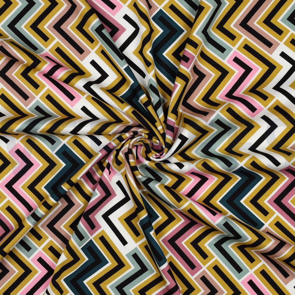VISCOSE ROSELLA STRETCH GEOMETRISCH MOSTERDGEEL #7