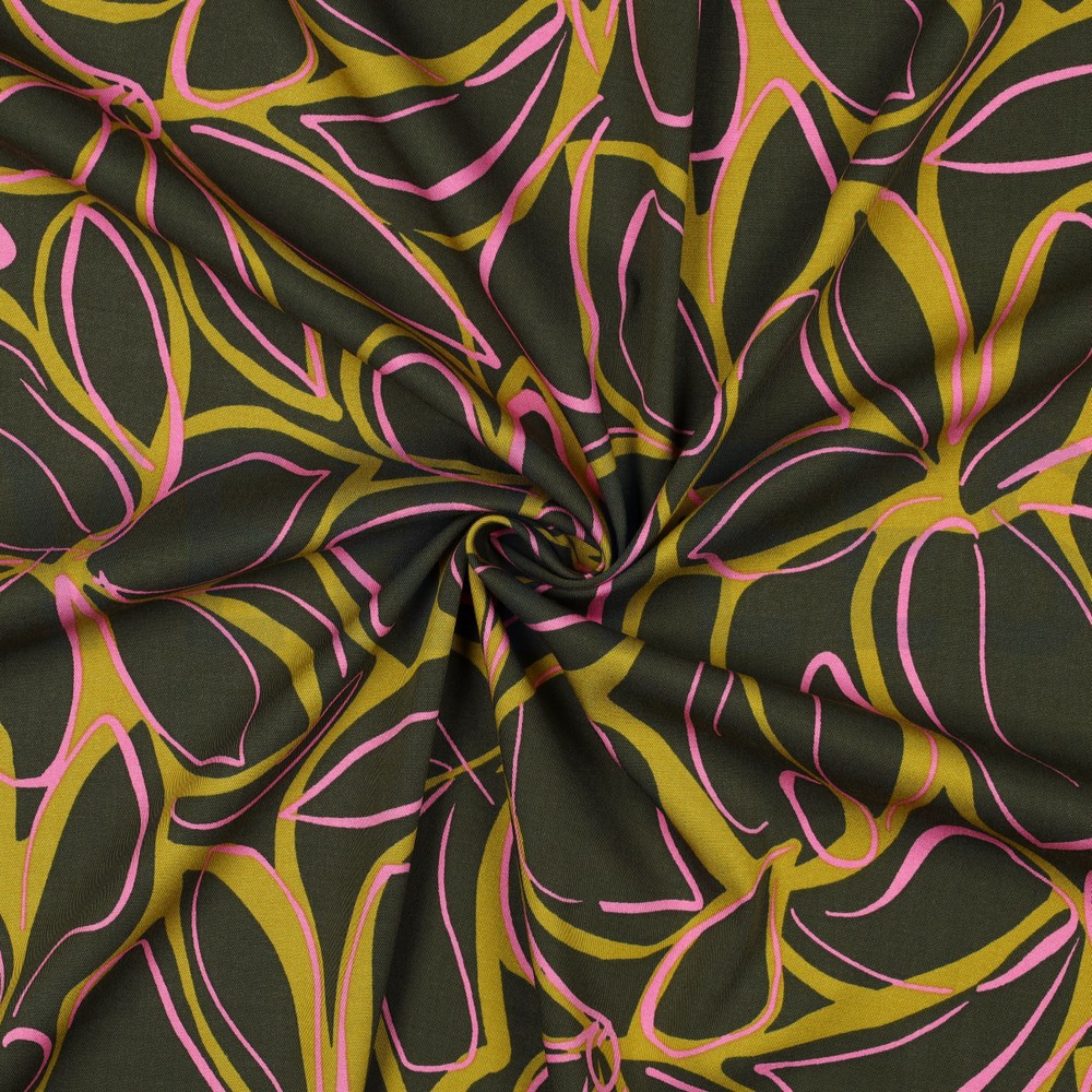 VISCOSE ROSELLA STRETCH ABSTRACT BLOEMEN DONKERGROEN #7