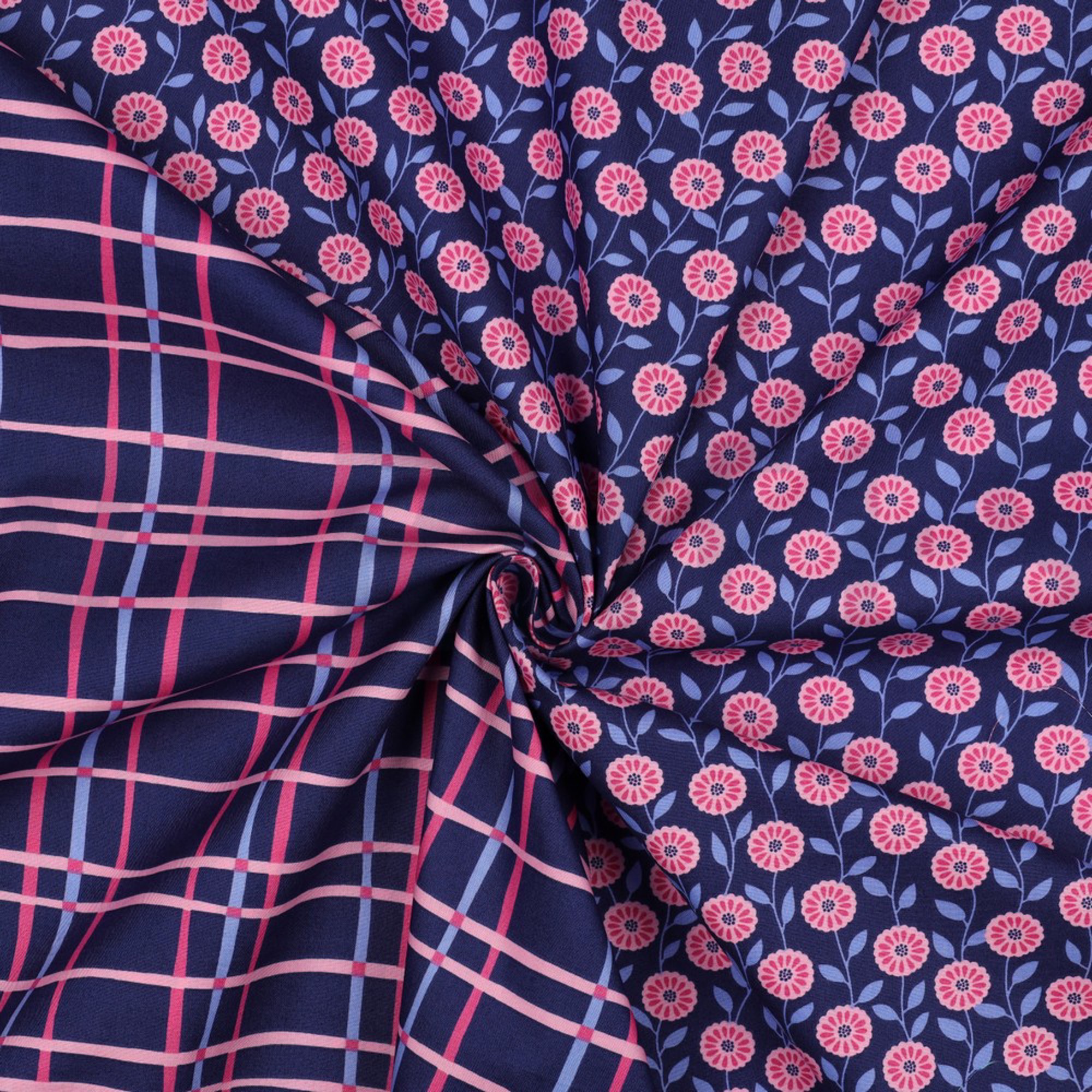 KATOENEN POPLIN BLOEMEN & RUITEN MARINEBLAUW (high resolution) #3