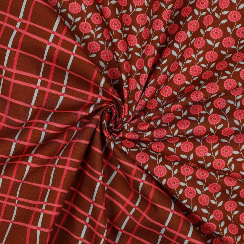 FINE POPLIN FLOWERS & CHECKS CARAMEL #7