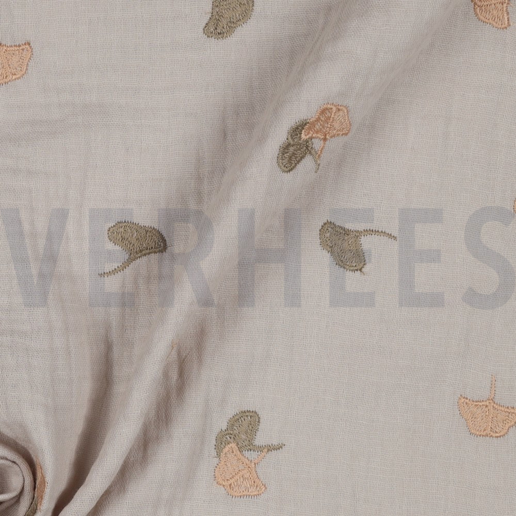 DOUBLE GAZE DE COTON BRODERIE FEUILLES SABLE CLAIR (high resolution) #3