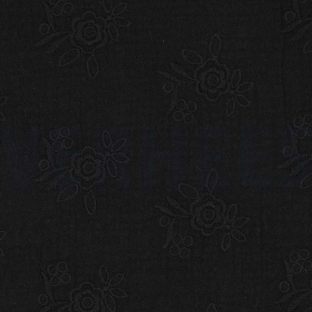 DOUBLE GAZE DE COTON BRODERIE FLEURS NOIR #7