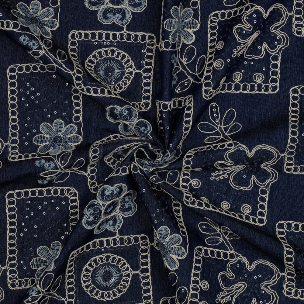 DENIM BRODERIE FLEURS PAILLETTES BLEU FONCÉ #7