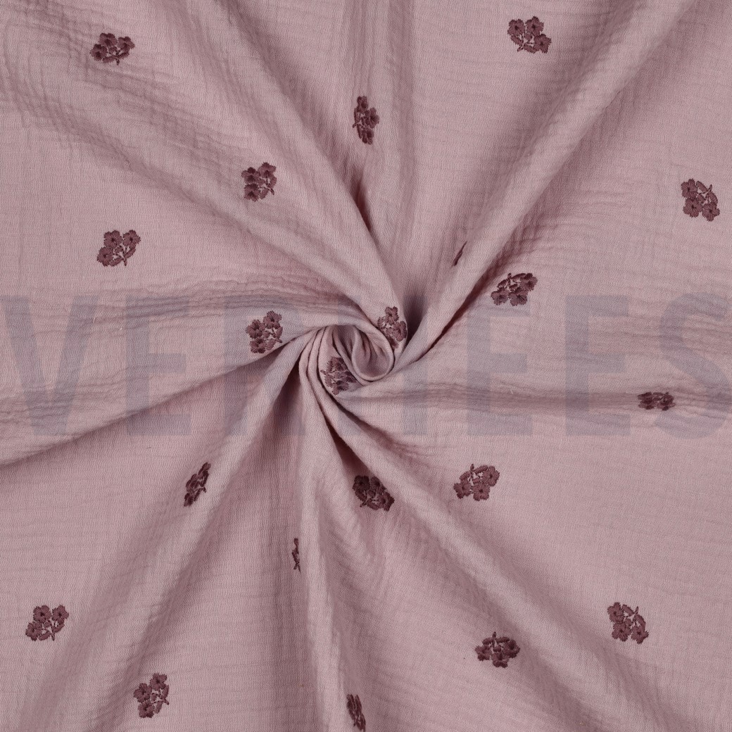 DOUBLE GAZE DE COTON BRODERIE FLEURS MAUVE #7