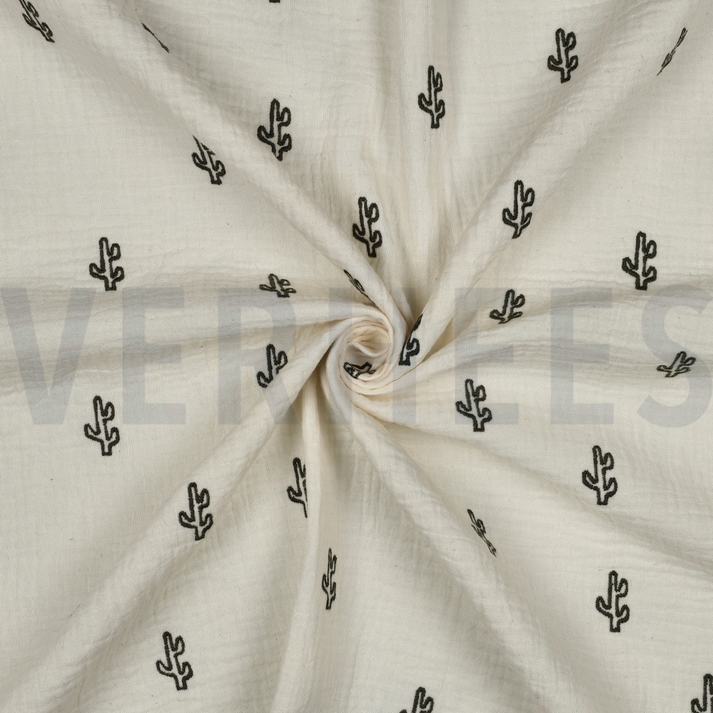 DOUBLE GAZE DE COTON BRODERIE CACTUS NATUREL #7