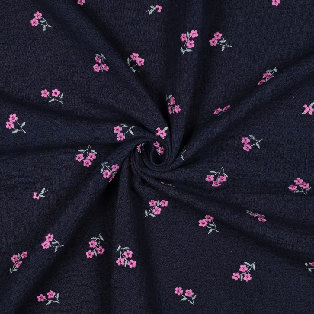 DOUBLE GAZE DE COTON BRODERIE FLEURS BLEU MARINE #7