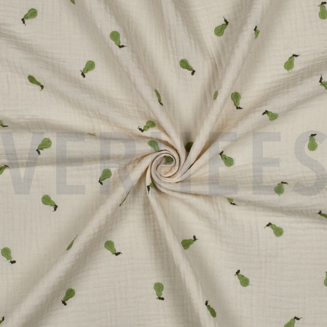 DOUBLE GAZE DE COTON NATUREL BRODERIE FRUITS NATUREL/VERT #7