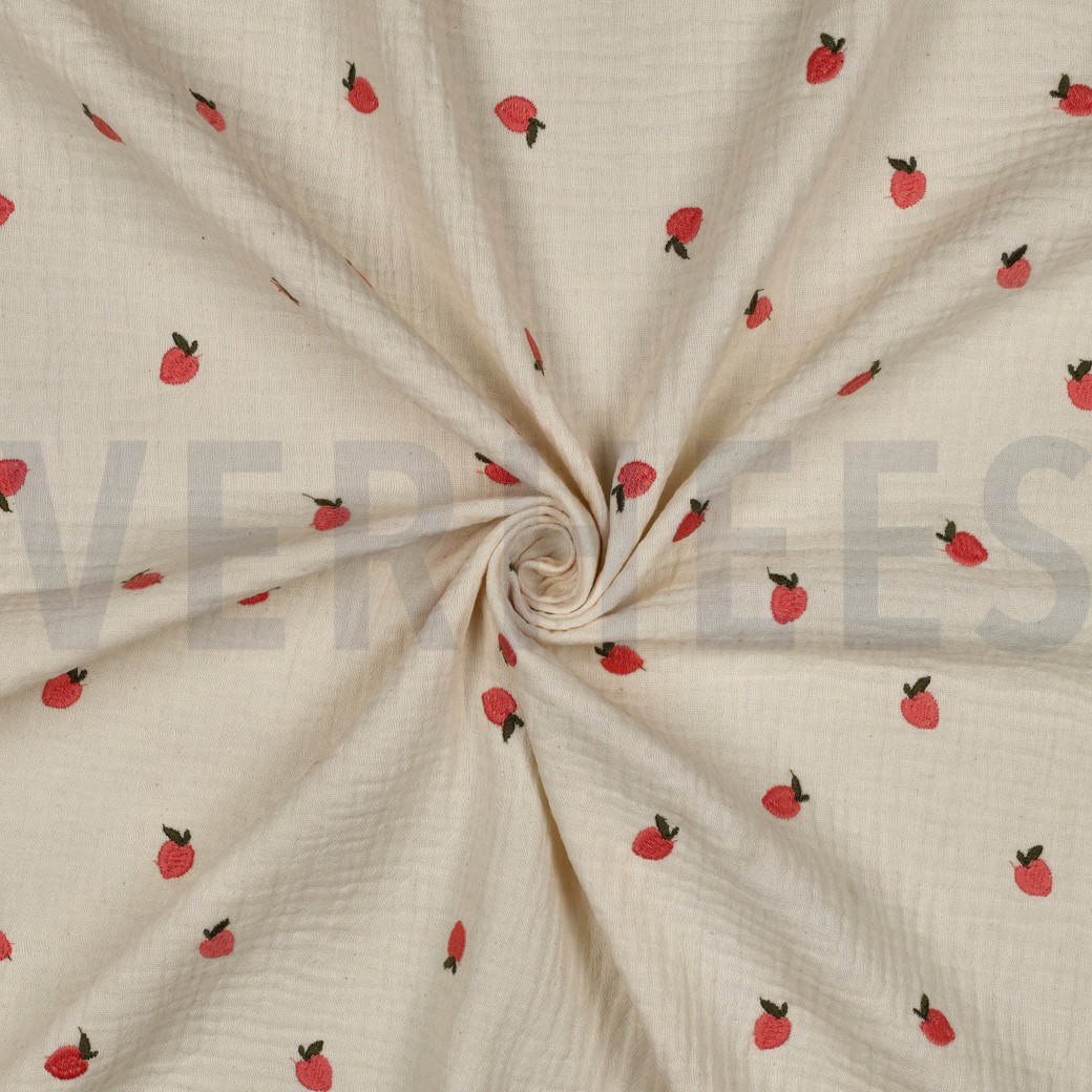 DOUBLE GAZE DE COTON NATUREL BRODERIE FRUITS NATUREL/PECHE #7