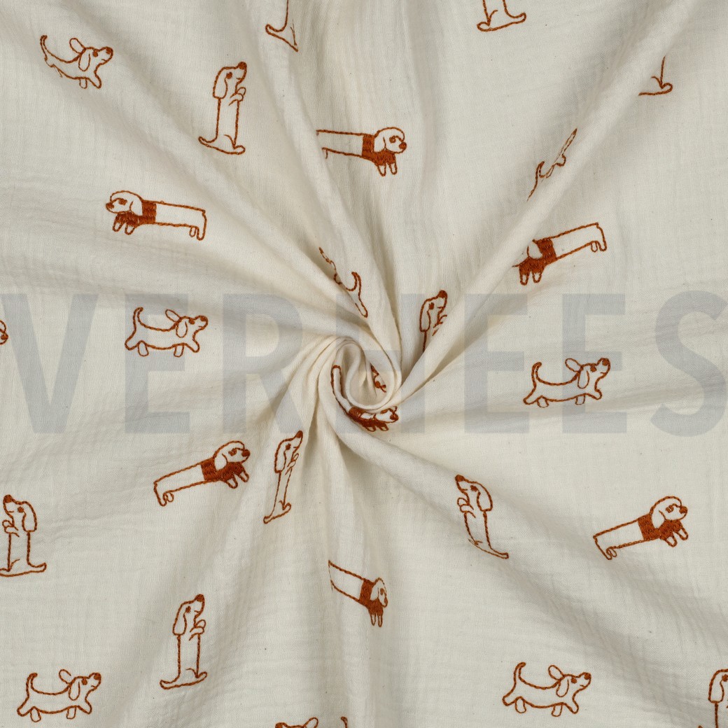 DOUBLE GAZE DE COTON BRODERIE CHIENS ÉCRU #7