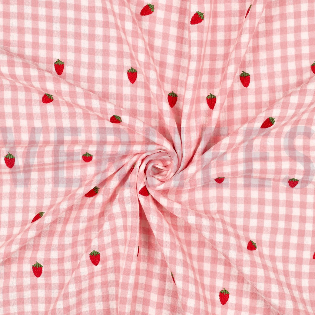 DOUBLE GAZE DE COTON BRODERIE FRAISES ROSE #7