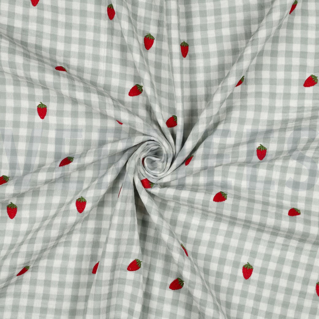 DOUBLE GAUZE EMBROIDERY AARDBEIEN GROEN #7
