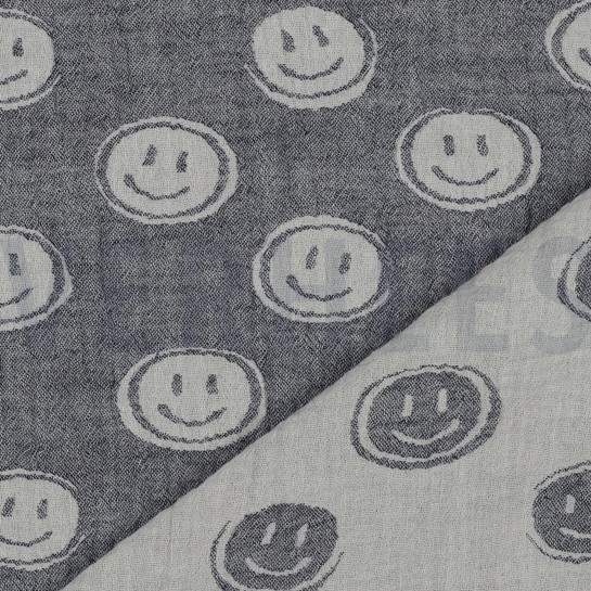 DOUBLE GAZE DE COTON JACQUARD SMILEYS BLEU MARINE/ÉCRU #7