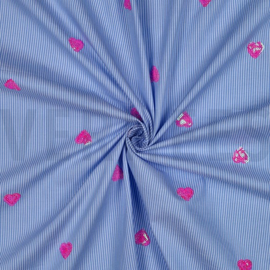 BAUMWOLLE STREIFEN PAILLETTEN HERZEN BLAU #7