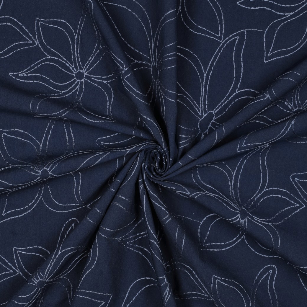 BAUMWOLLE GEWASCHEN STICKEREI BLUMEN MARINEBLAU #7