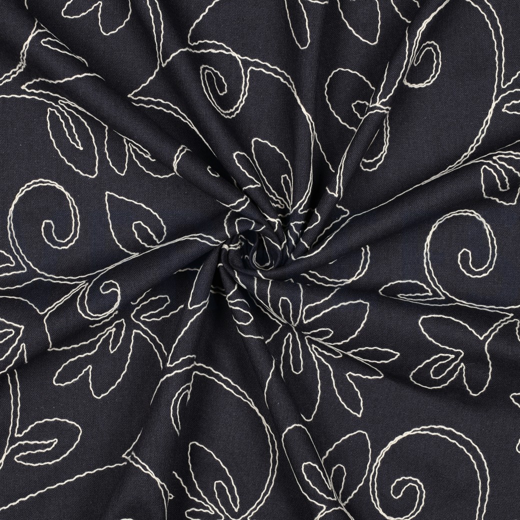 LINNEN VISCOSE EMBROIDERY BLOEMEN MARINEBLAUW #7