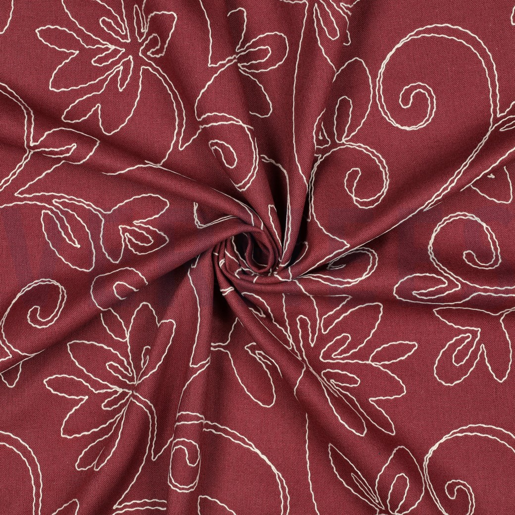 LINNEN VISCOSE EMBROIDERY BLOEMEN BORDEAUXROOD #7
