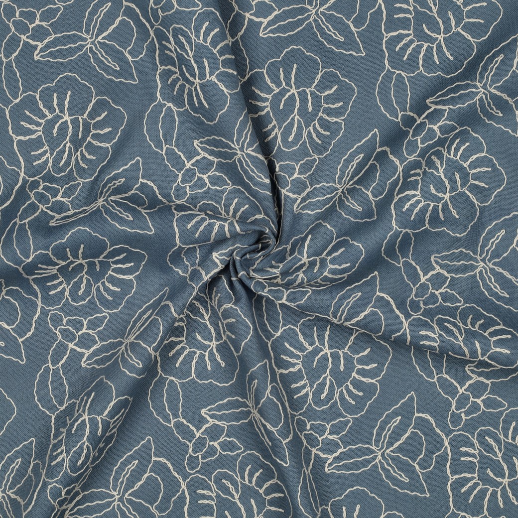 LINNEN VISCOSE EMBROIDERY BLOEMEN OUDBLAUW #7