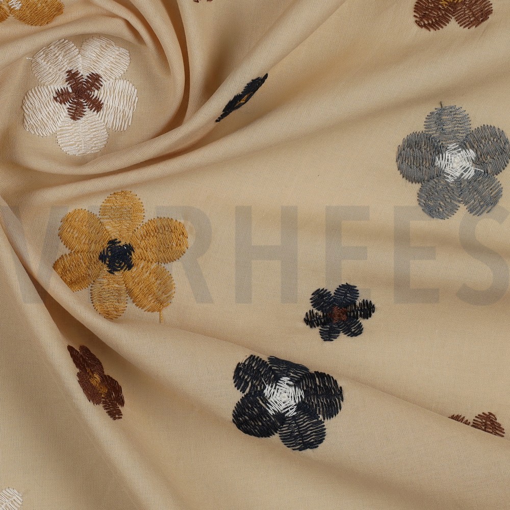 BAUMWOLLE VOILE STICKEREI BLUMEN SAND #7