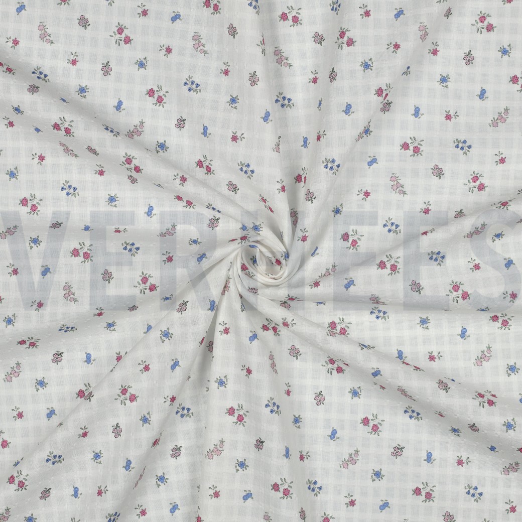 COTON DOBBY CARREAUX DIGITAL FLEURS BLANC #7