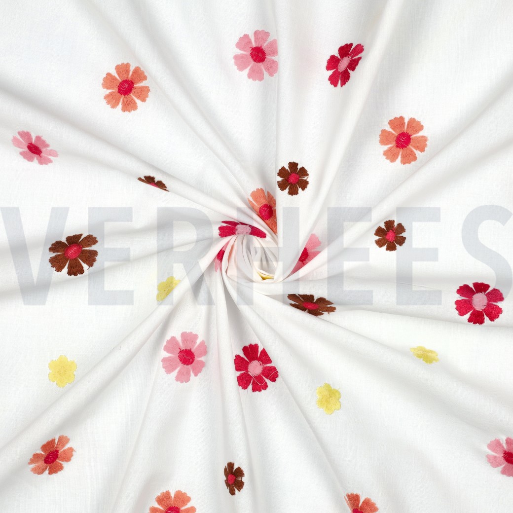 KATOENEN VOILE EMBROIDERY BLOEMEN WIT #7