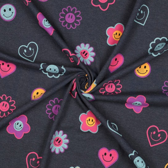JERSEY GEMÊLEERD GLITTER SMILEYS INDIGO #7