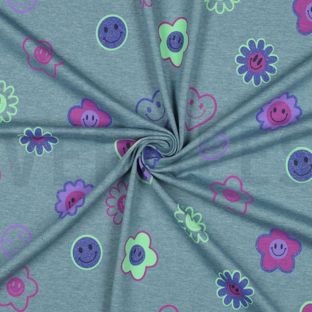 JERSEY MELANGE GLITTER HAPPY FACES SMOKE BLUE #7