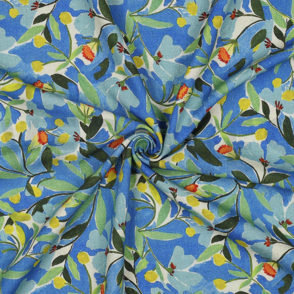 LIN VISCOSE CRÊPE DIGITAL FLEURS BLEU COBALT #7