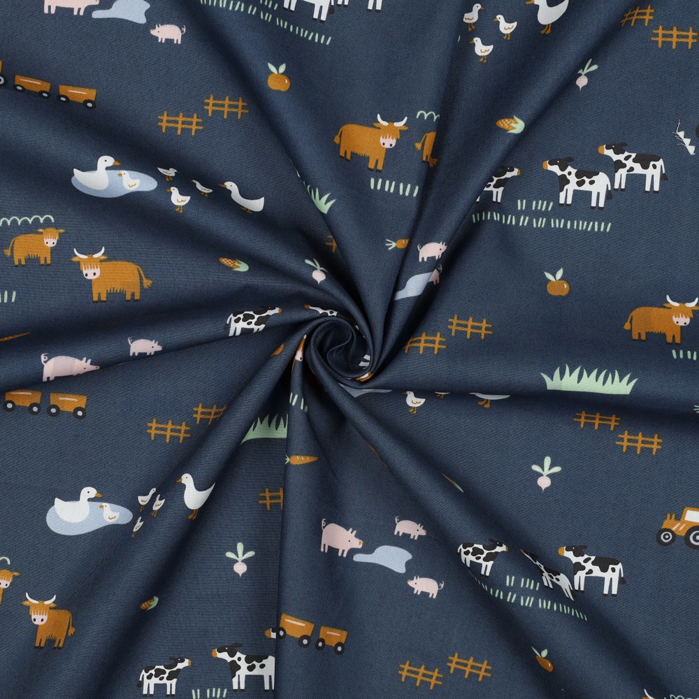 FIJNGEWEVEN KATOENEN POPLIN BOERDERIJDIEREN BLAUW #7