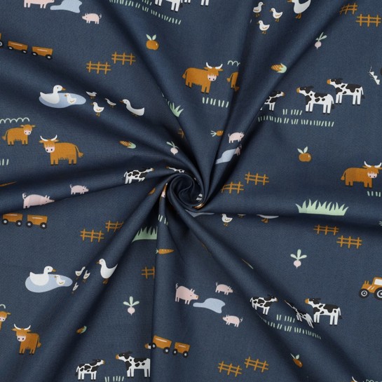 BAUMWOLLE POPELINE BAUERNHOFTIERE BLAU #7