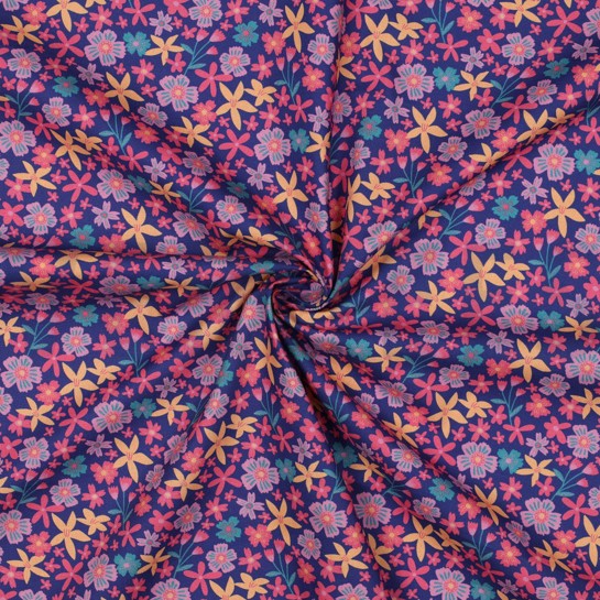 BAUMWOLLE POPELINE BLUMEN UND EINHÖRNER KOBALTBLAU #7