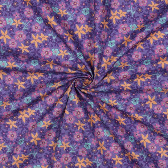 BAUMWOLLE POPELINE BLUMEN UND EINHÖRNER LAVENDEL #7