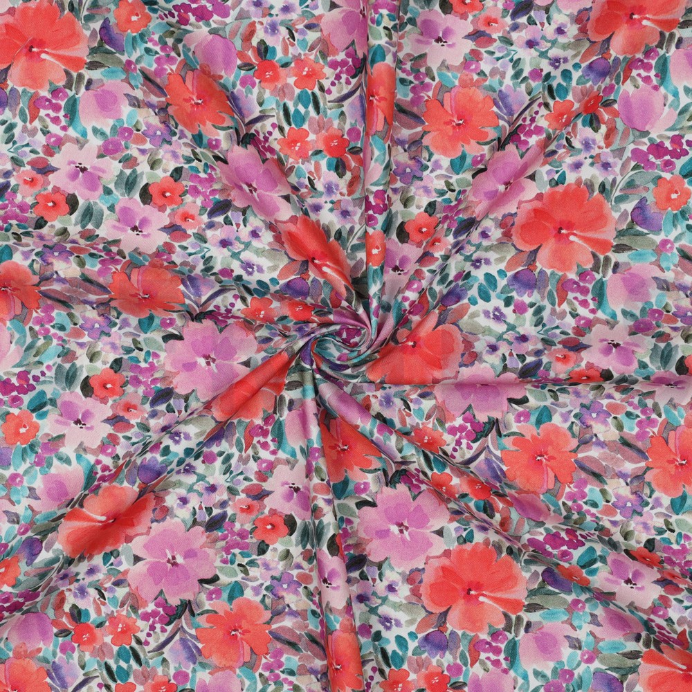 POPELINE DE COTON TISSAGE FIN DIGITAL FLEURS MAUVE #7