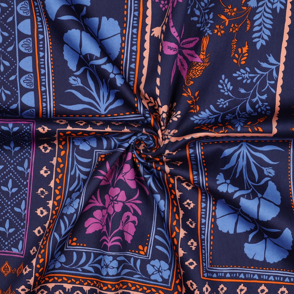 COTTON SATIN PATCHWORK FLOWERS NAVY #7