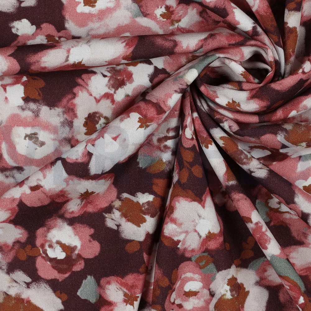 VISCOSE POPELINE STRETCH DIGITAL FLEURS BORDEAUX #7