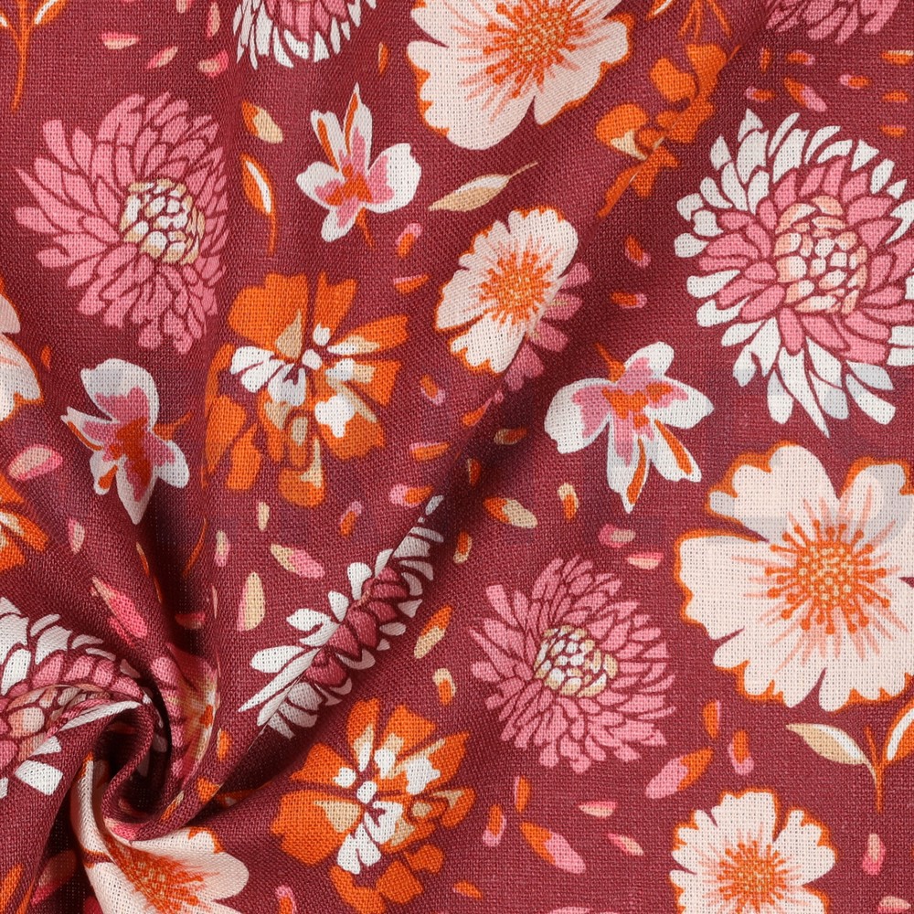 LINNEN VISCOSE GEWASSEN BLOEMEN DONKER KORAAL #7