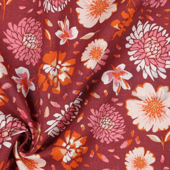 LINEN VISCOSE WASHED FLOWERS DARK CORAL #7