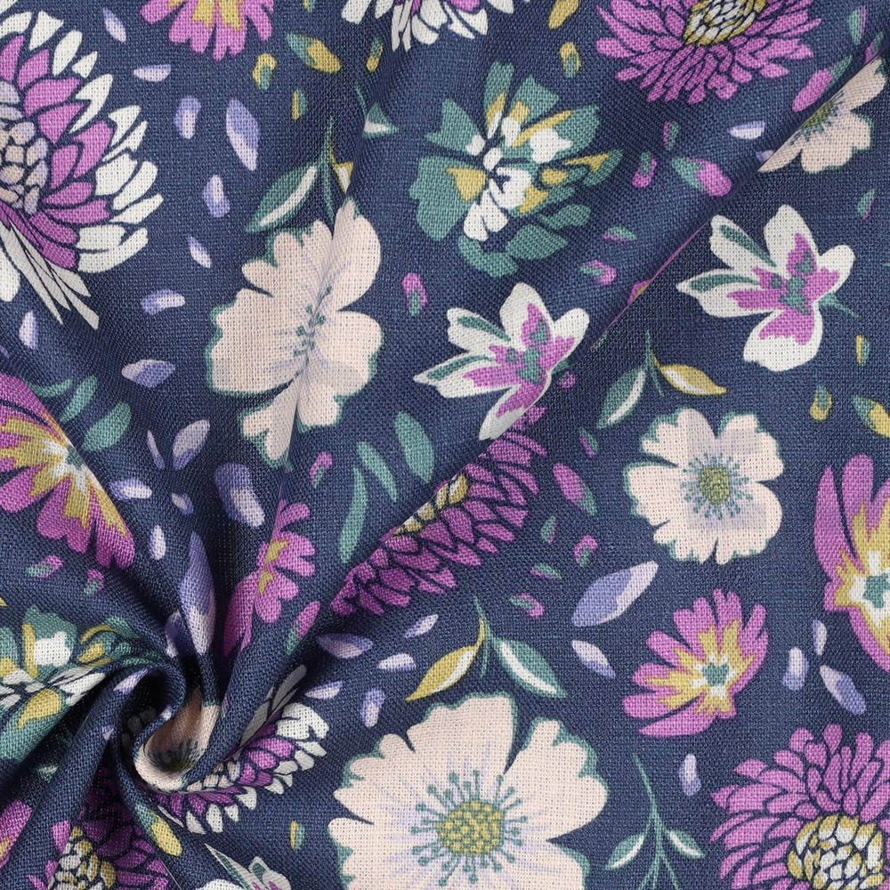 LINNEN VISCOSE GEWASSEN BLOEMEN MARINE #7