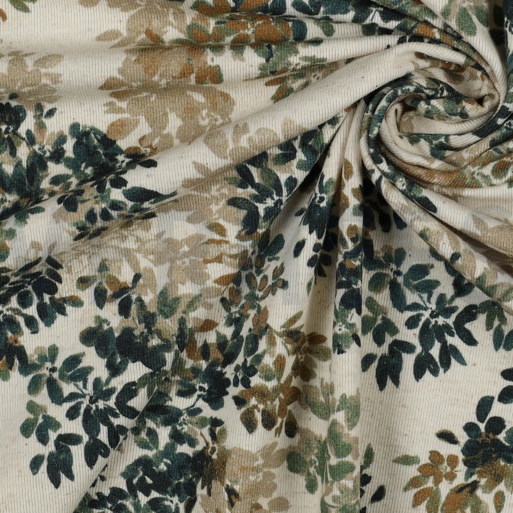 LEINEN JERSEY DIGITAL BLUMEN NATUR/PETROL #7