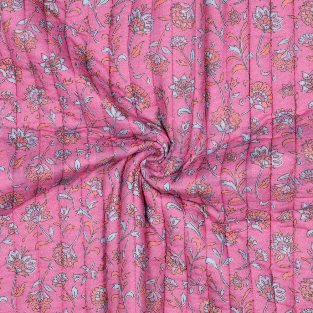 GEWATTEERD DOUBLE GAUZE BLOEMEN TWEEZIJDIG FUCHSIA/LICHTBLAUW #7