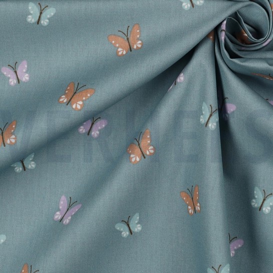 BAUMWOLLE POPELINE GOTS VÖGEL UND SCHMETTERLINGE DUNKEL MINZE #7