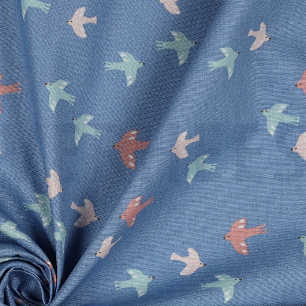 POPELINE DE COTON GOTS OISEAUX ET PAPILLONS BLEU #7