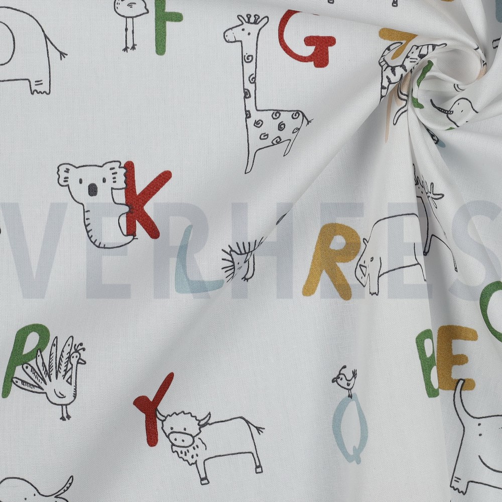 KATOENEN POPLIN GOTS DIERENALFABET WIT #7