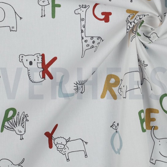 KATOENEN POPLIN GOTS DIERENALFABET WIT #7