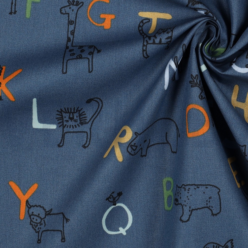 KATOENEN POPLIN GOTS DIERENALFABET BLAUW #7