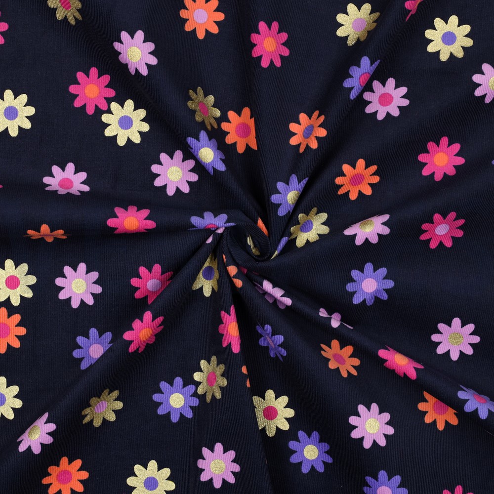 BABYCORD FOIL FLOWERS NAVY #7