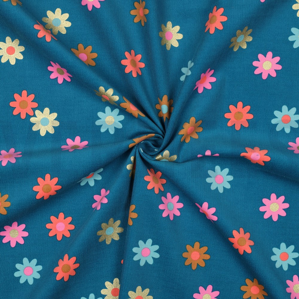 BABYCORD FOIL FLOWERS PETROL #7