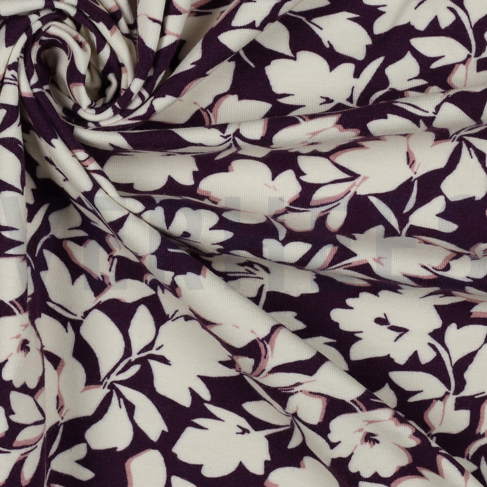 BAMBOE KATOEN JERSEY BLOEMEN DONKERPAARS #7