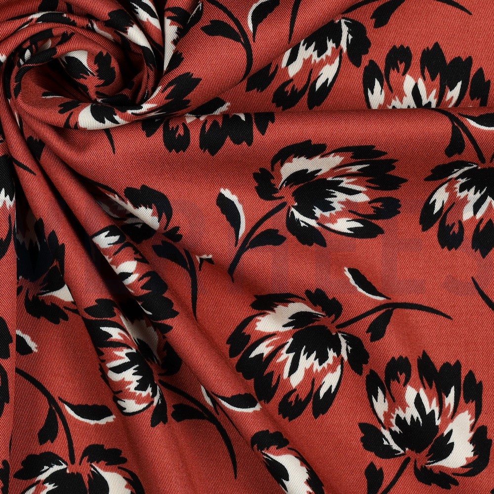 VISCOSE ROSELLA STRETCH BLOEMEN KETCHUPROOD #7