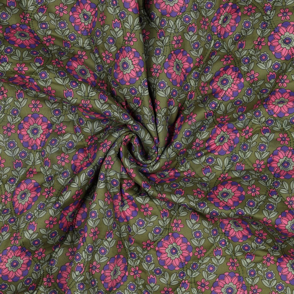 BAUMWOLLE VOILE GESTEPPT DIGITAL BLUMEN ARMEEGRÜN #7
